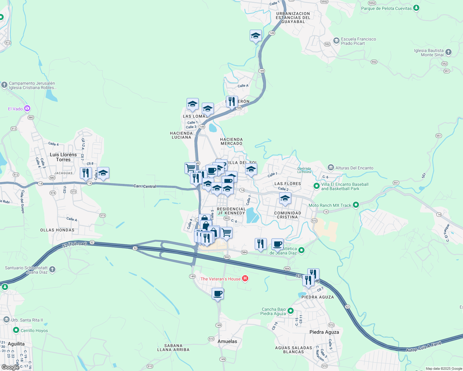 map of restaurants, bars, coffee shops, grocery stores, and more near in Juana Díaz