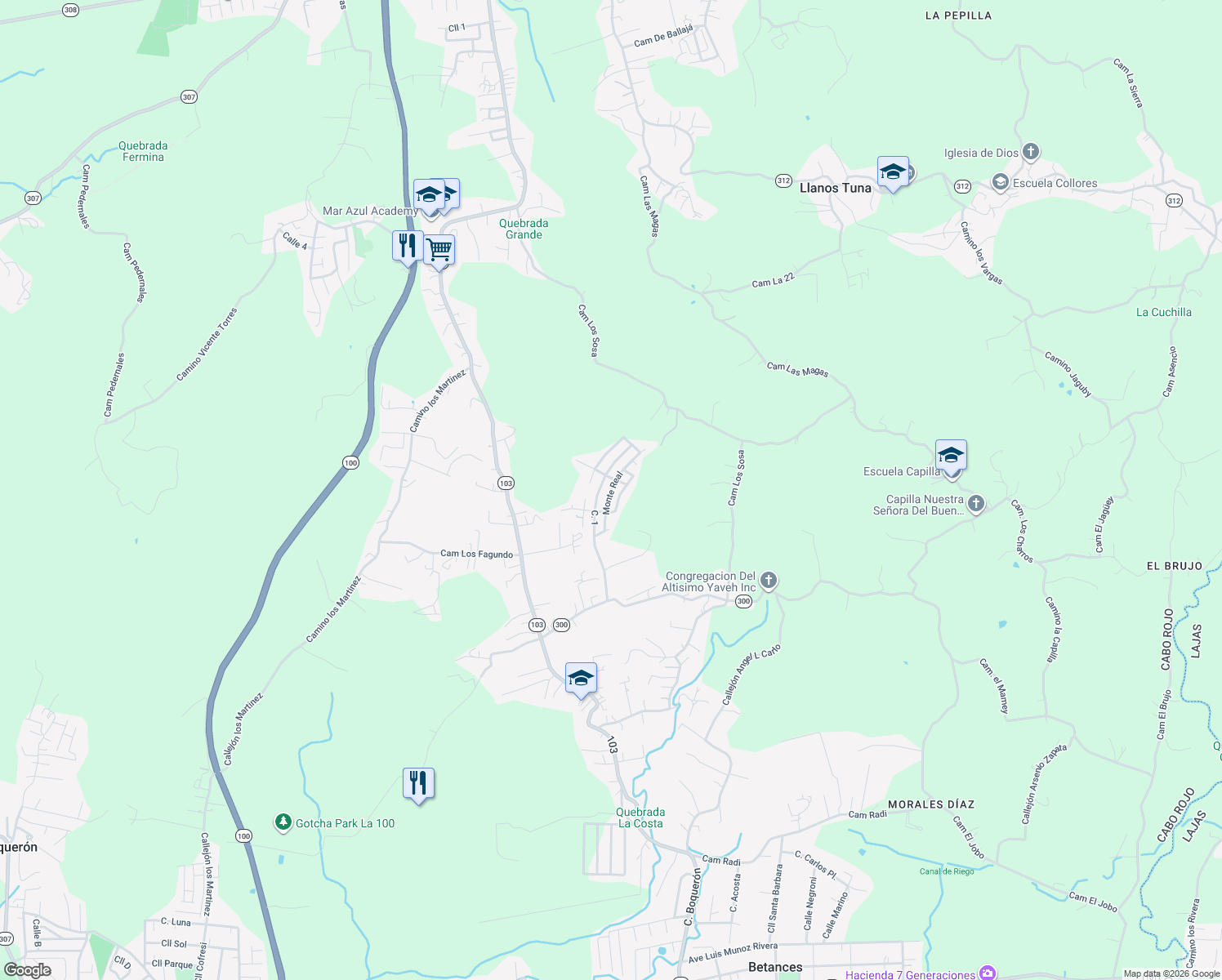 map of restaurants, bars, coffee shops, grocery stores, and more near Monte Real in Llanos Tuna