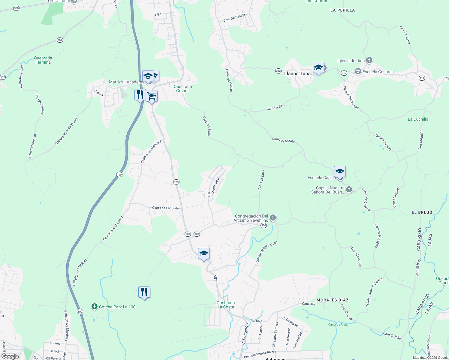 map of restaurants, bars, coffee shops, grocery stores, and more near Monte Real in Cabo Rojo