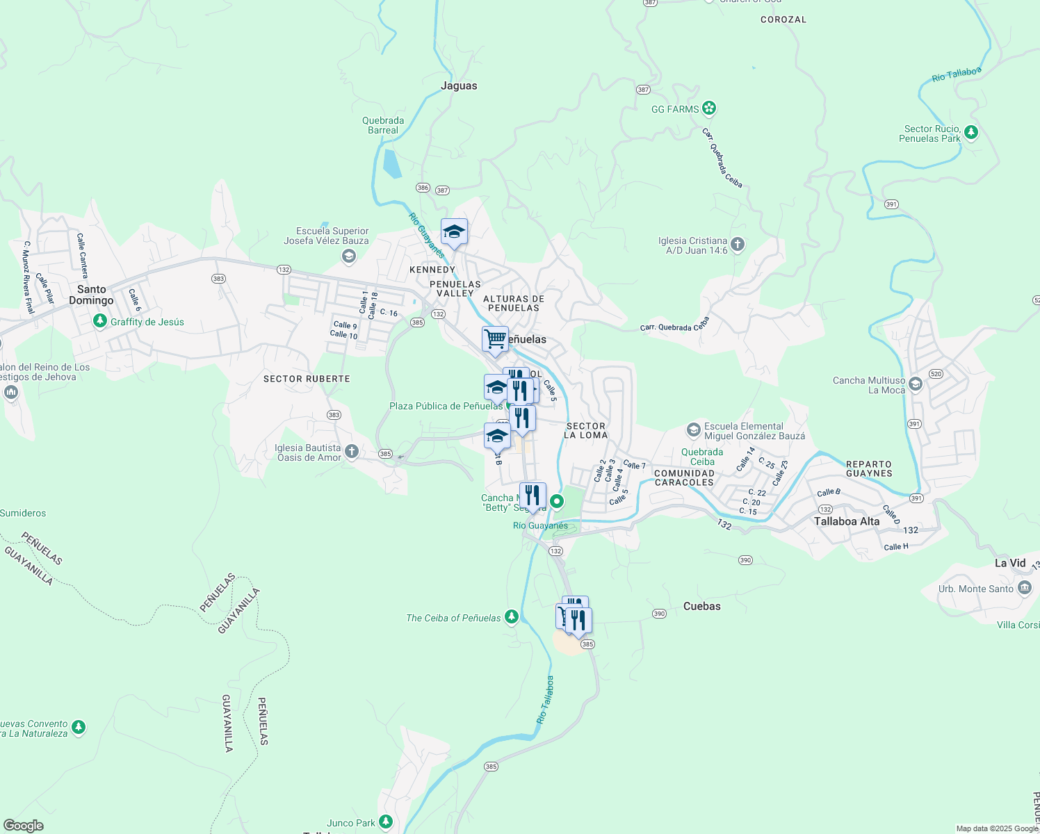 map of restaurants, bars, coffee shops, grocery stores, and more near Calle Luis Muñoz Rivera in Penuelas