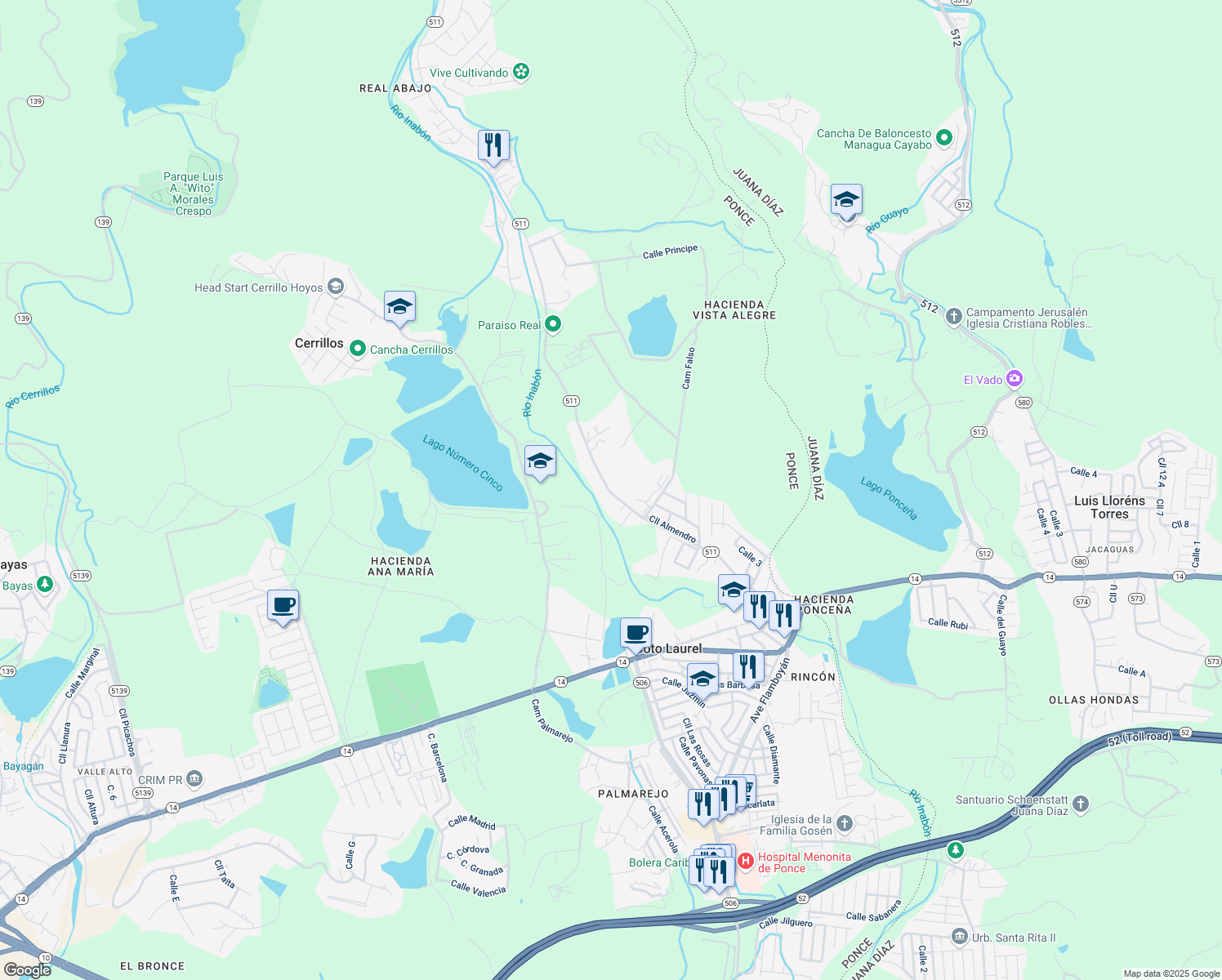map of restaurants, bars, coffee shops, grocery stores, and more near 511 in Ponce
