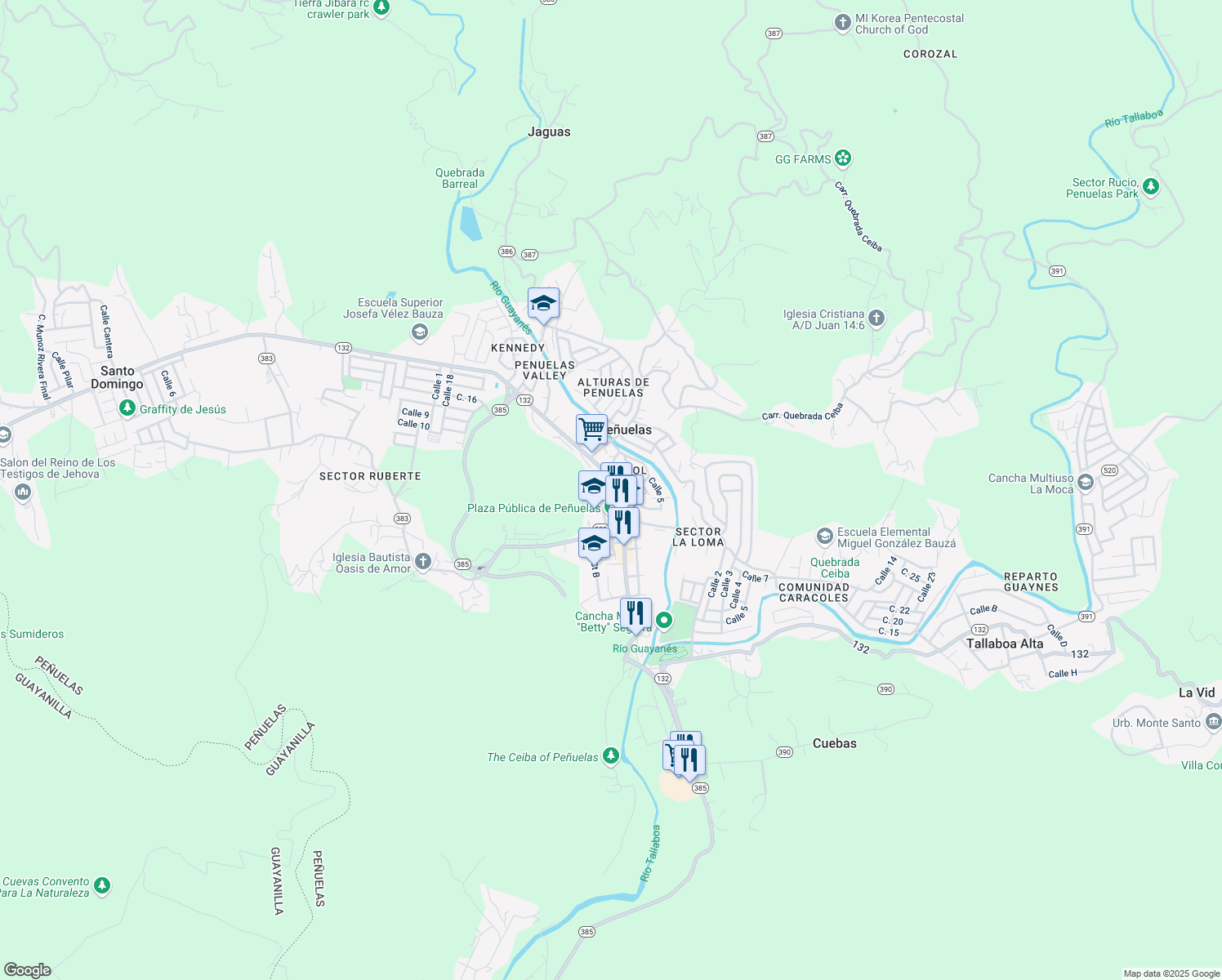 map of restaurants, bars, coffee shops, grocery stores, and more near Calle Luis Muñoz Rivera in Penuelas