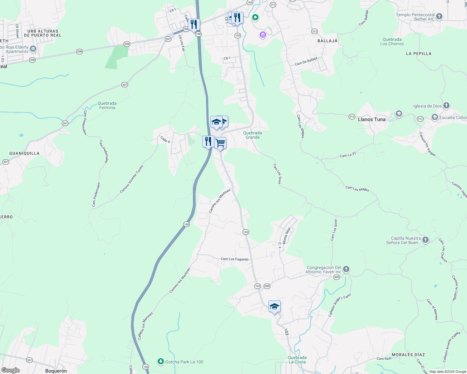 map of restaurants, bars, coffee shops, grocery stores, and more near 486-492 Highway 103 in Cabo Rojo