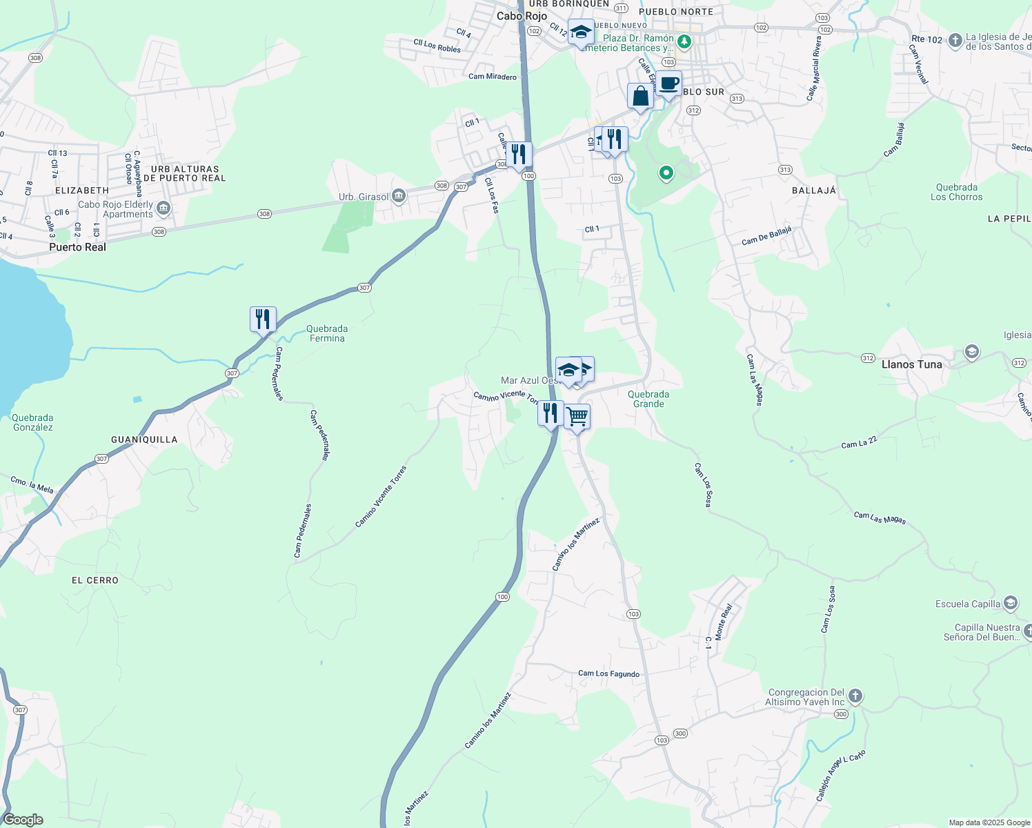 map of restaurants, bars, coffee shops, grocery stores, and more near Camino Vincente Torres in Cabo Rojo