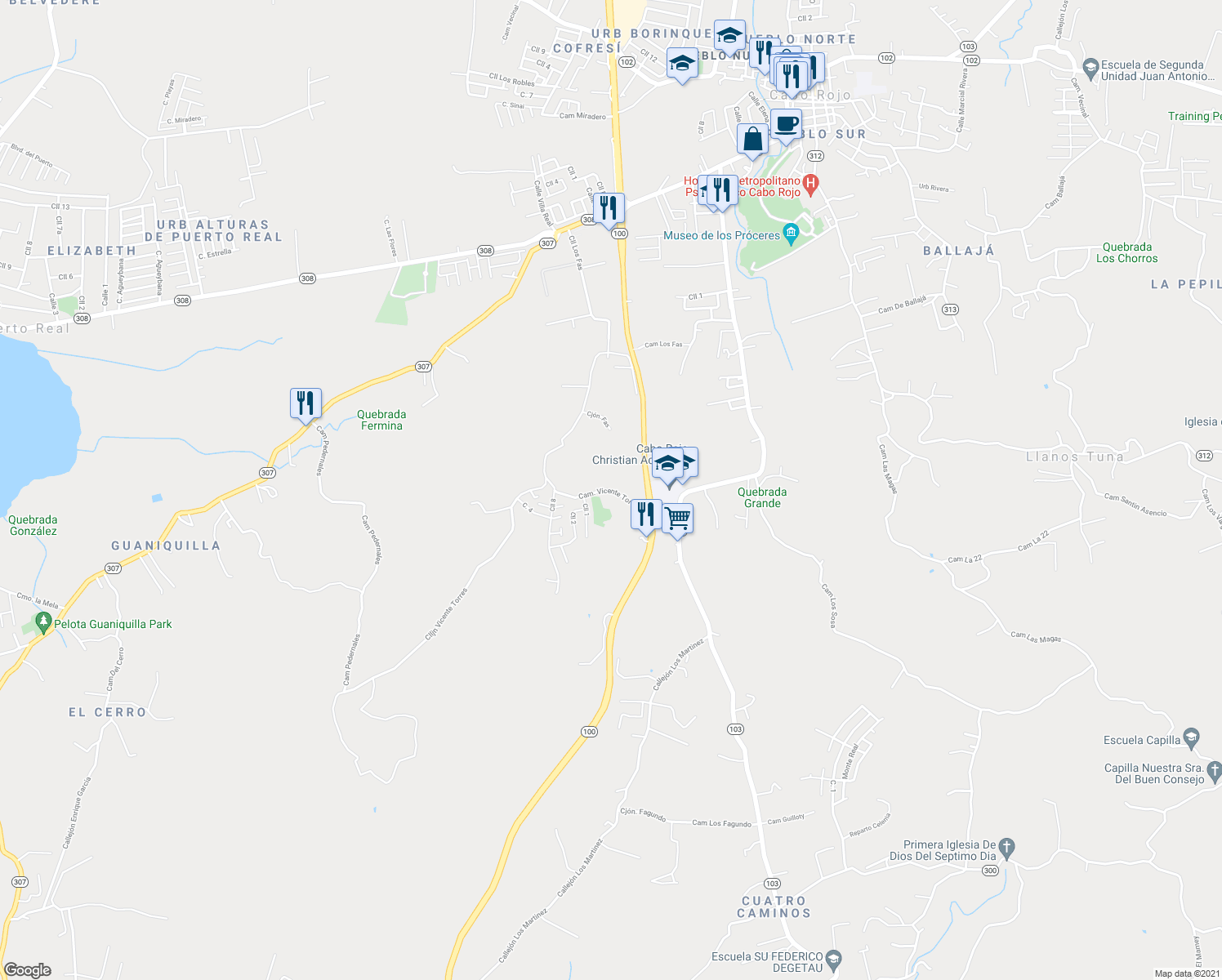 map of restaurants, bars, coffee shops, grocery stores, and more near Camino Vicente Torres in Pedernales