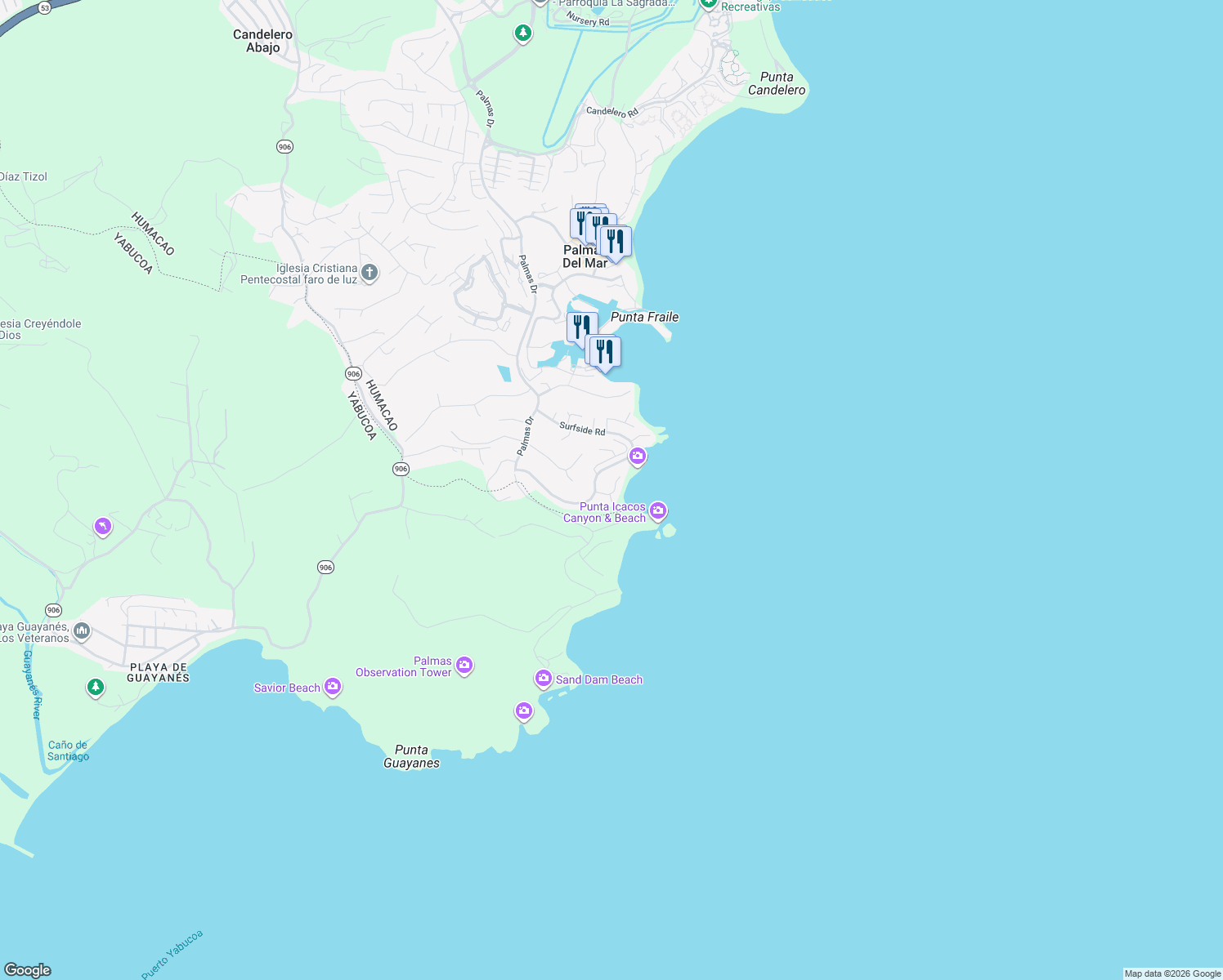 map of restaurants, bars, coffee shops, grocery stores, and more near Shell Caster Road in Humacao