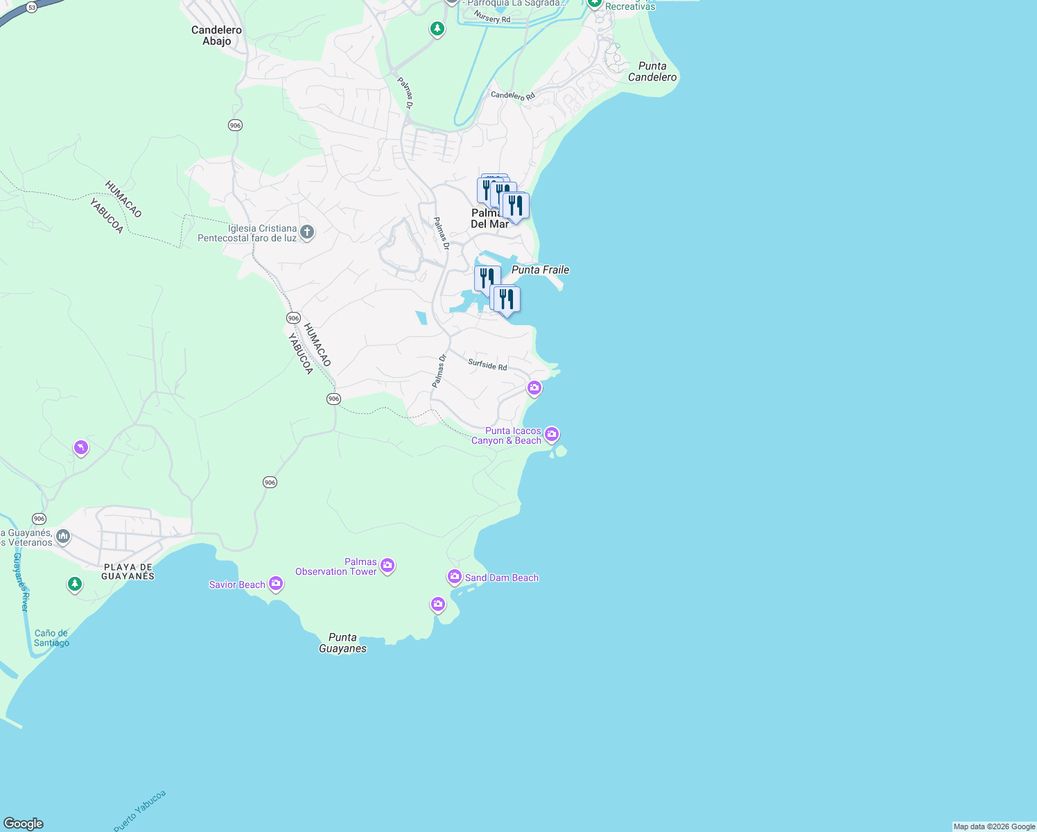 map of restaurants, bars, coffee shops, grocery stores, and more near Shell Caster Road in Humacao