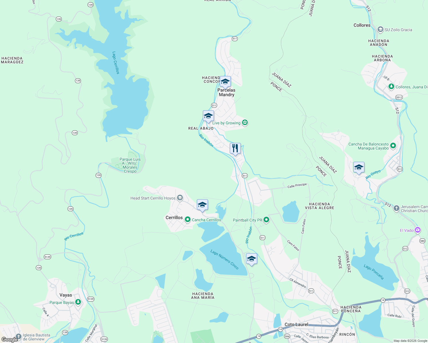 map of restaurants, bars, coffee shops, grocery stores, and more near 511 in Ponce