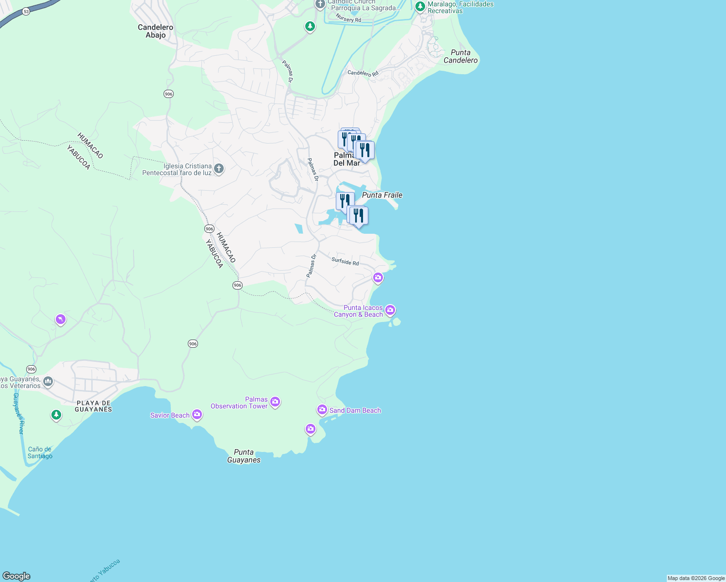 map of restaurants, bars, coffee shops, grocery stores, and more near Shell Castle Road in Humacao