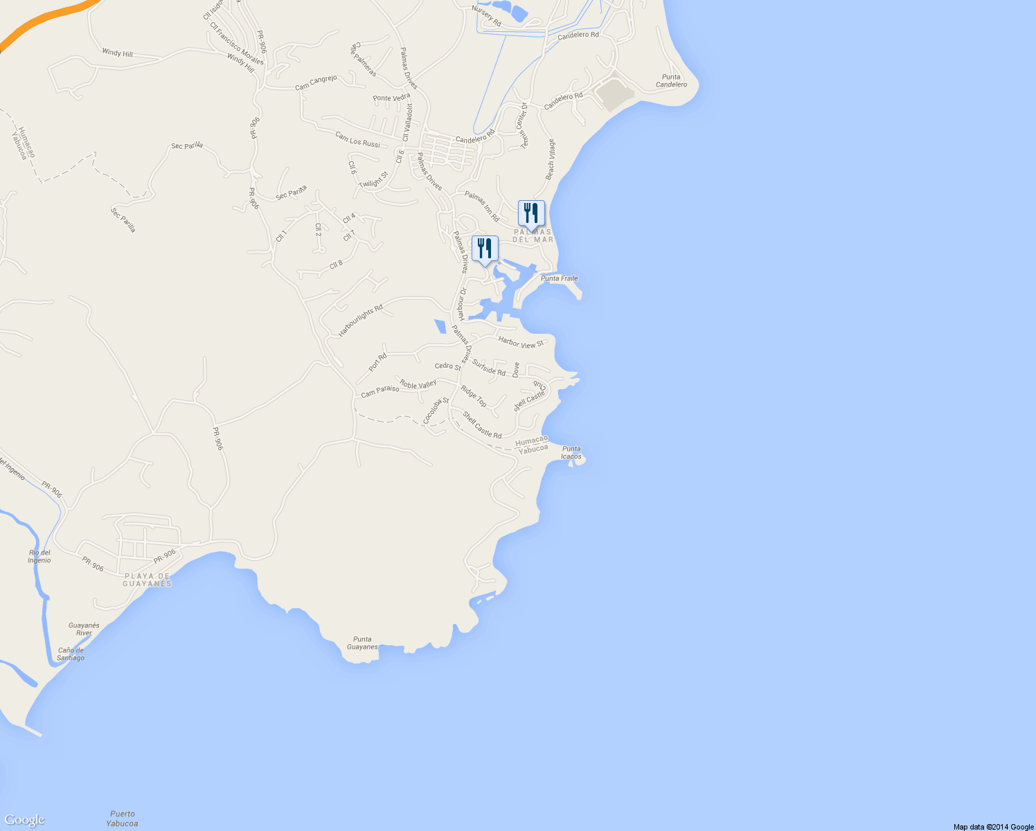 map of restaurants, bars, coffee shops, grocery stores, and more near Shell Castle Road in Humacao