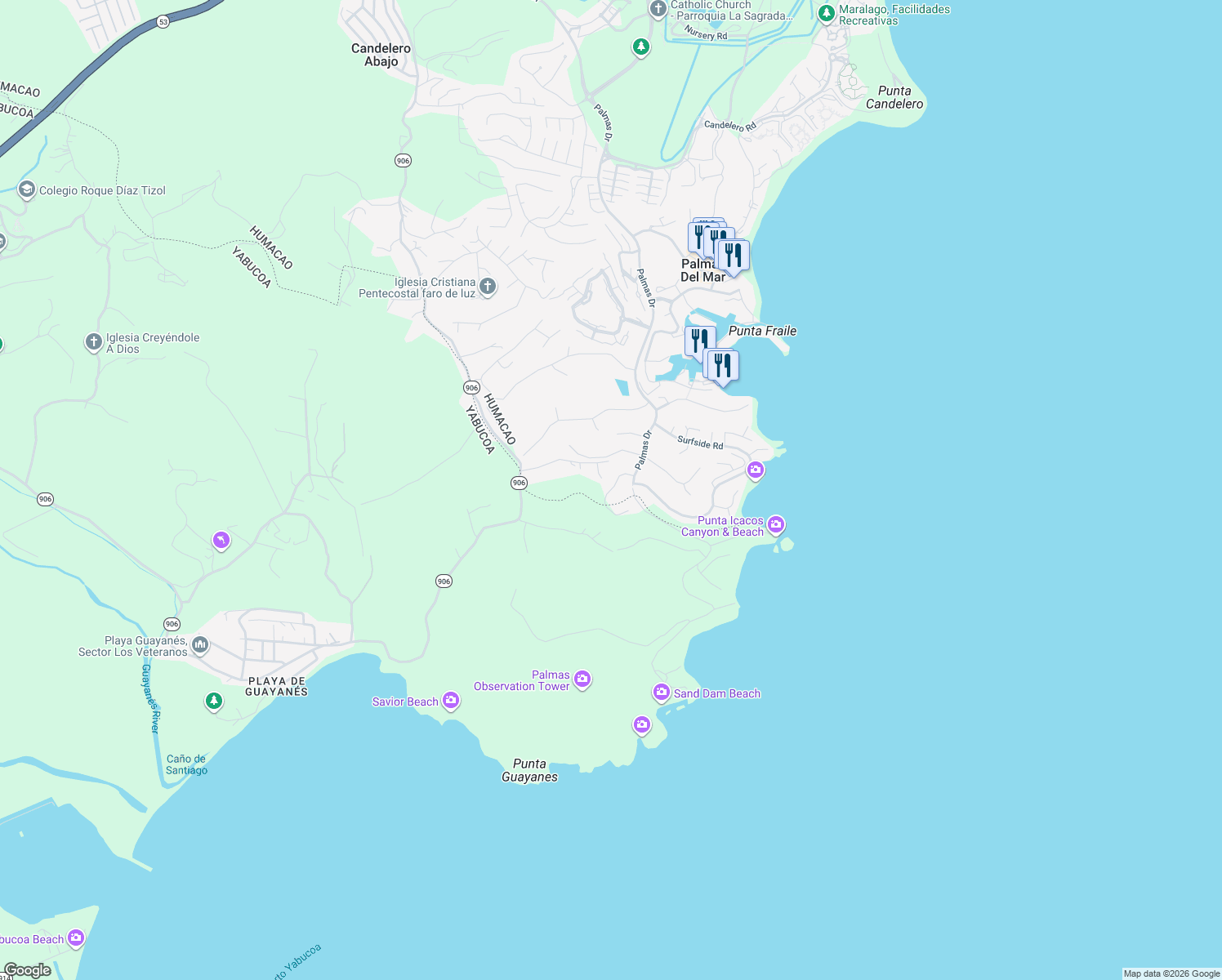 map of restaurants, bars, coffee shops, grocery stores, and more near Cocoloba Street in Yabucoa