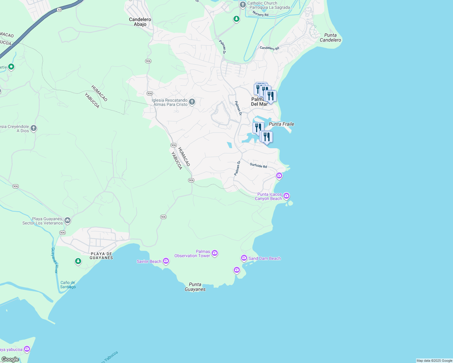 map of restaurants, bars, coffee shops, grocery stores, and more near Cocoloba Street in Palmas del Mar