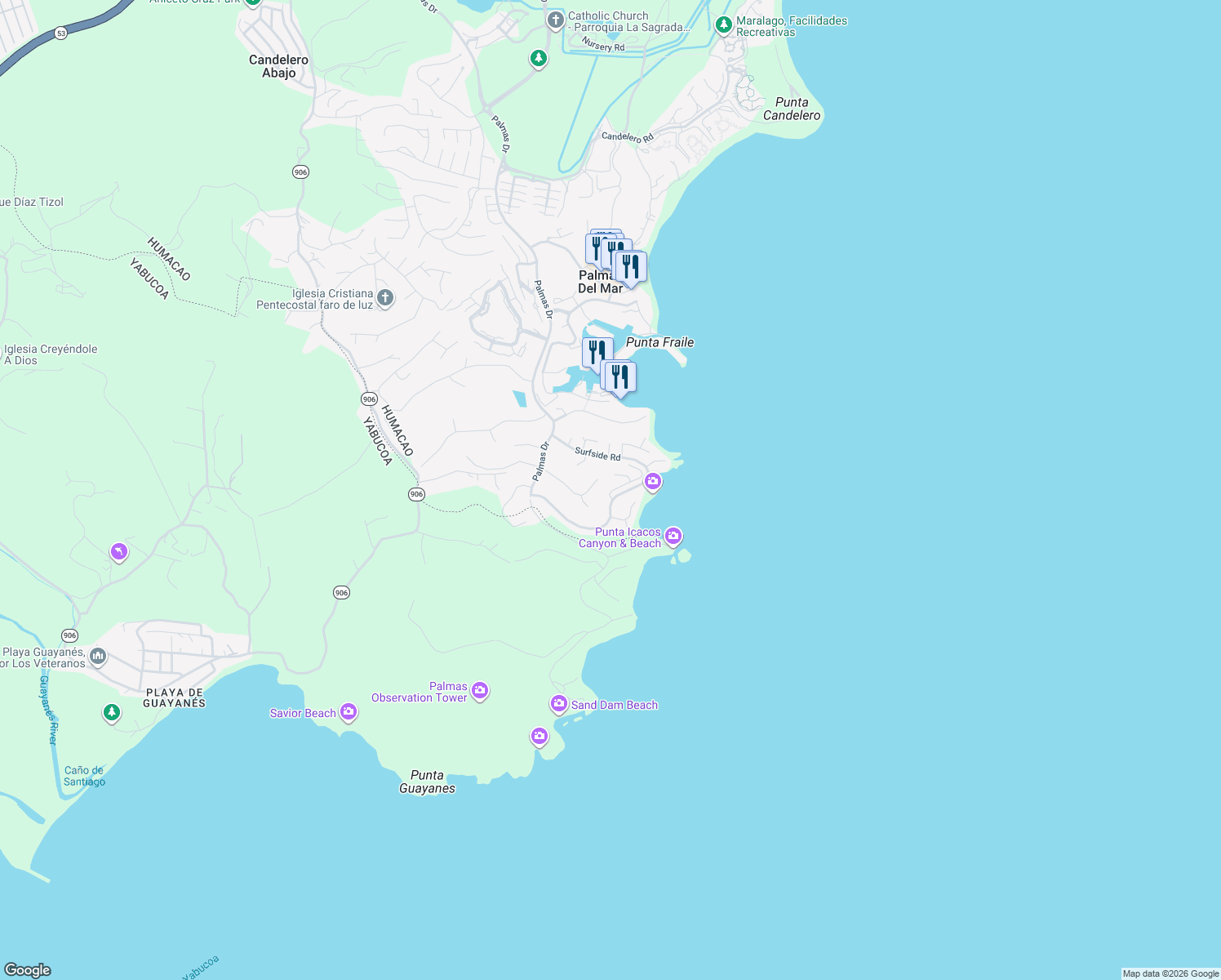 map of restaurants, bars, coffee shops, grocery stores, and more near Shell Castle Club in Humacao