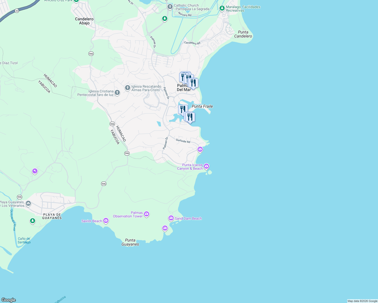 map of restaurants, bars, coffee shops, grocery stores, and more near Shell Castle Club in Humacao