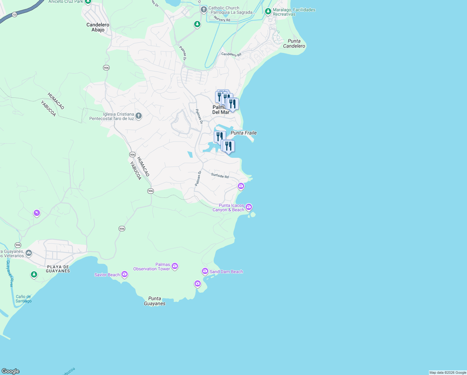 map of restaurants, bars, coffee shops, grocery stores, and more near Shell Castle Road in Humacao