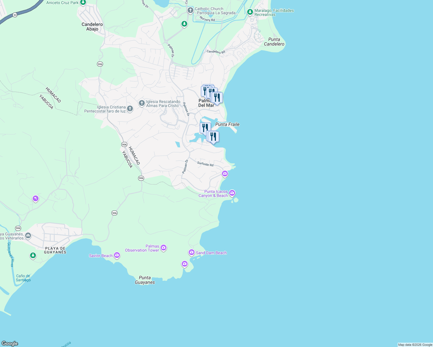map of restaurants, bars, coffee shops, grocery stores, and more near Shell Castle Road in Humacao