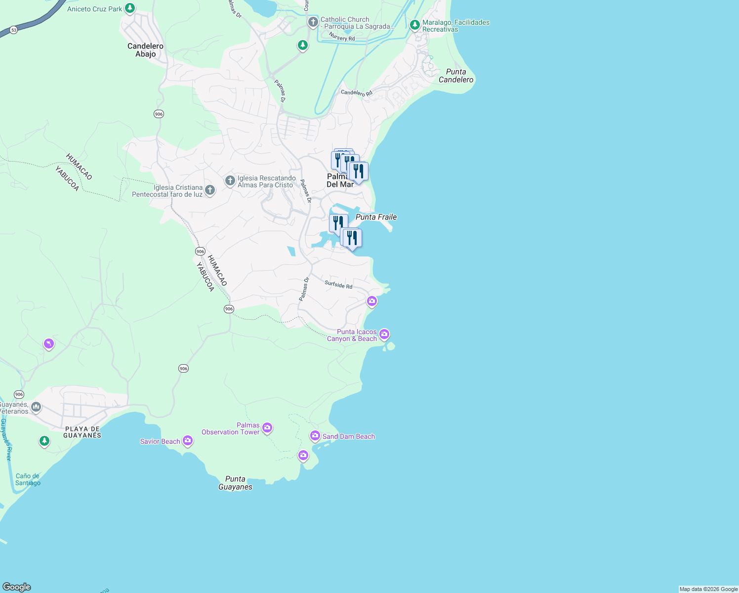 map of restaurants, bars, coffee shops, grocery stores, and more near in Palmas del Mar