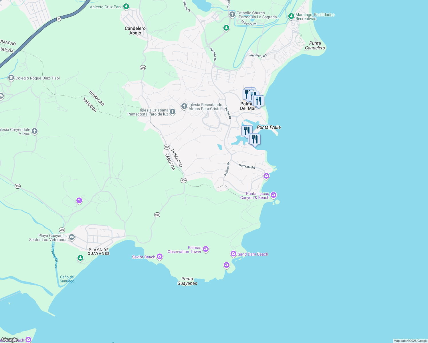 map of restaurants, bars, coffee shops, grocery stores, and more near Roble Valley in Palmas del Mar