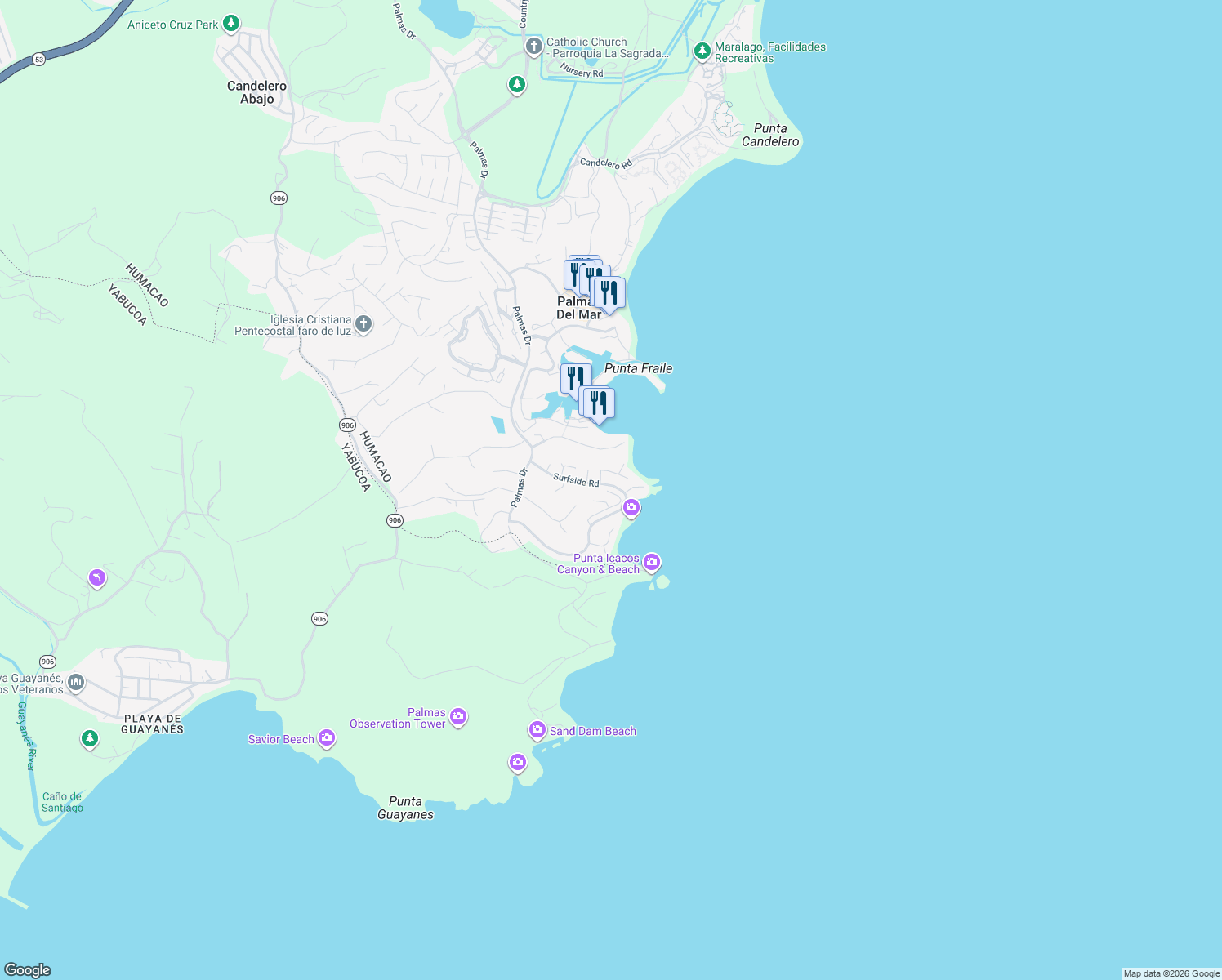 map of restaurants, bars, coffee shops, grocery stores, and more near in Palmas del Mar