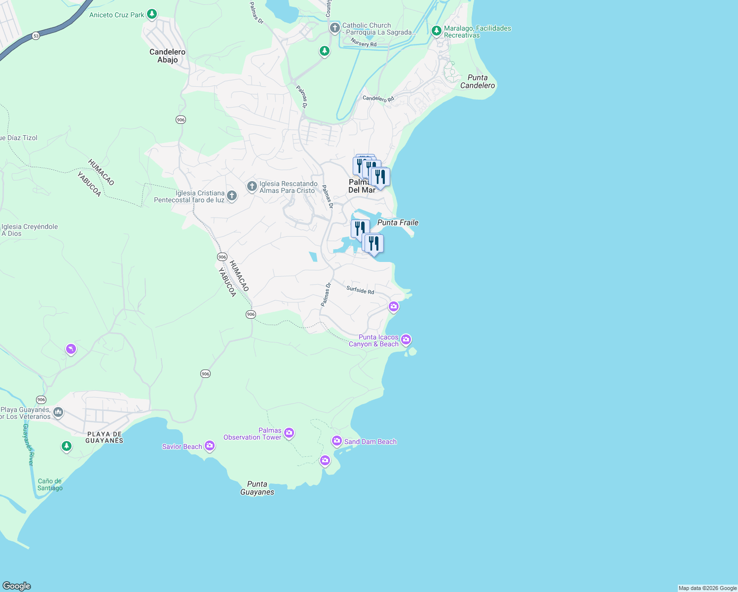 map of restaurants, bars, coffee shops, grocery stores, and more near Surfside Road in Humacao