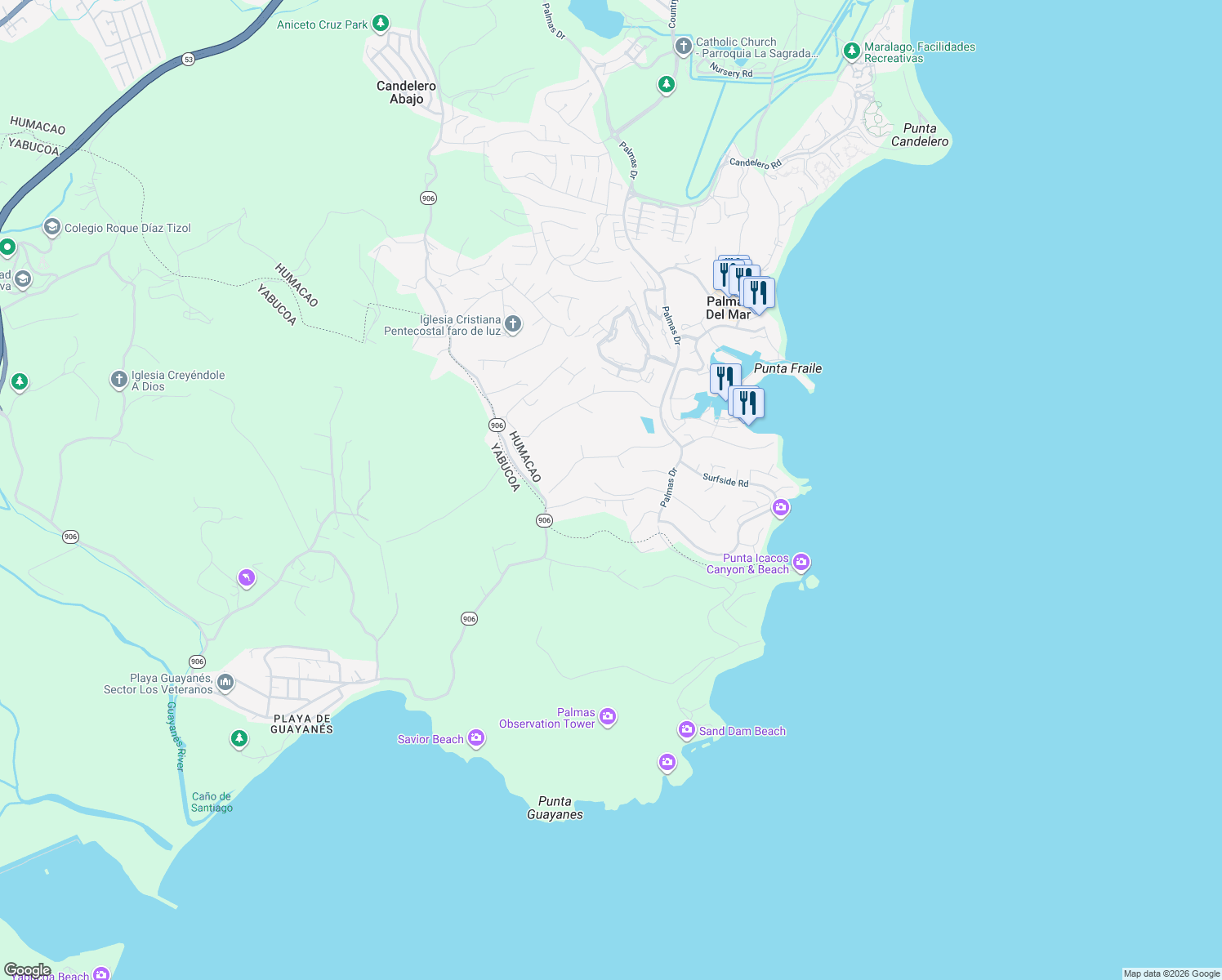 map of restaurants, bars, coffee shops, grocery stores, and more near Roble Valley in Humacao