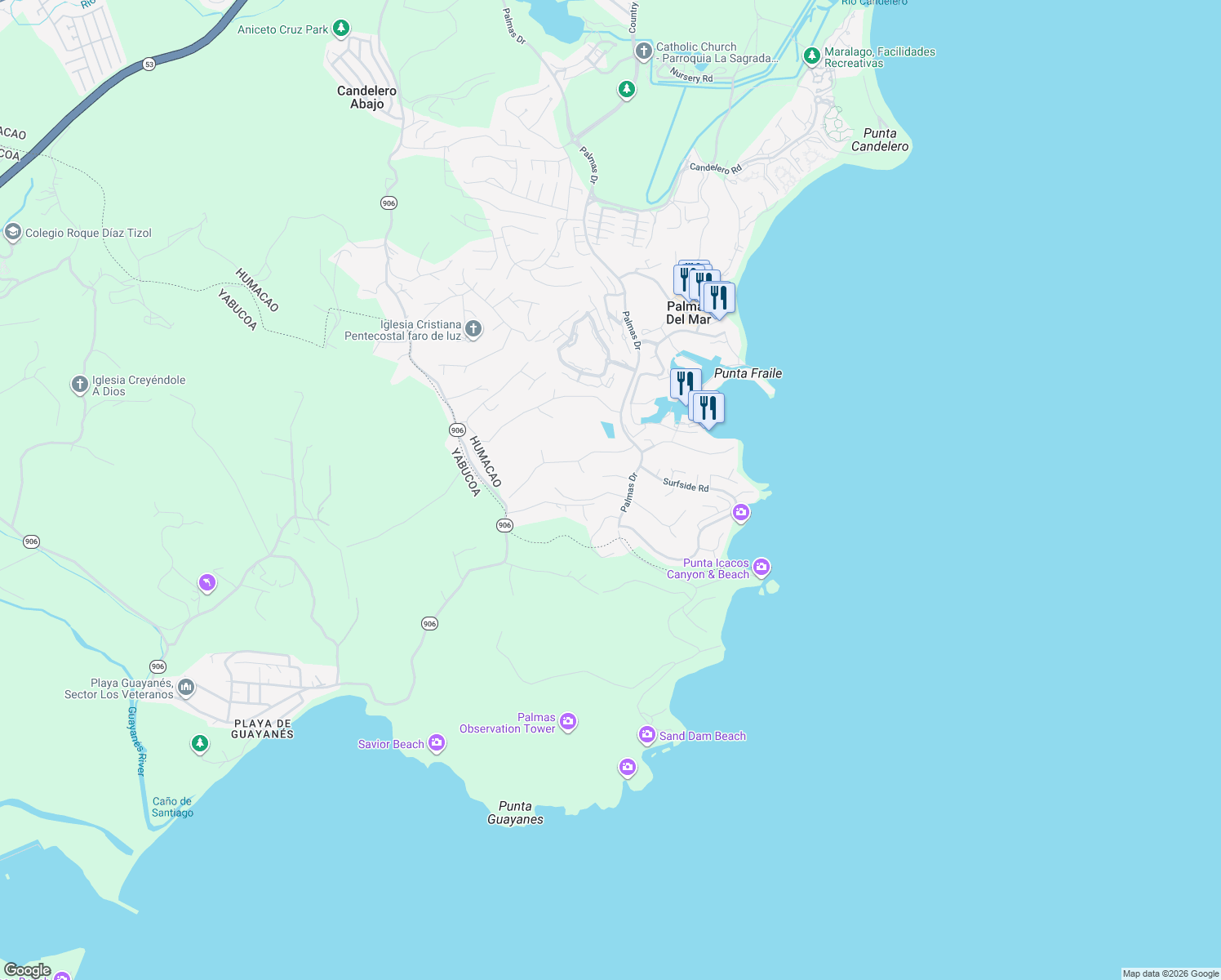 map of restaurants, bars, coffee shops, grocery stores, and more near Roble Valley in Humacao