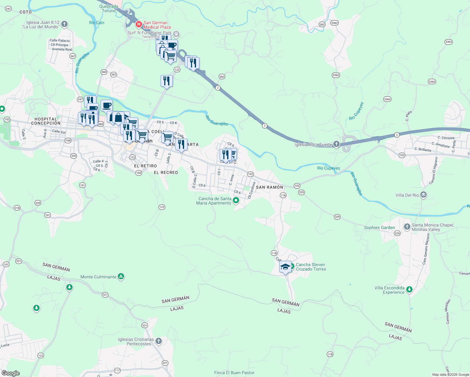 map of restaurants, bars, coffee shops, grocery stores, and more near 249 Calle Toledo in San Germán