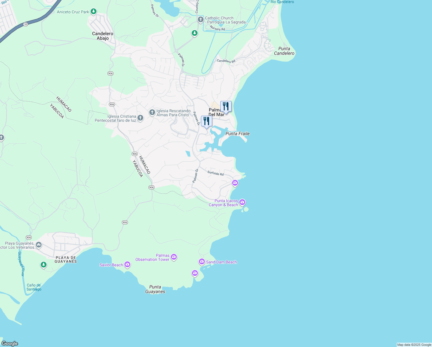 map of restaurants, bars, coffee shops, grocery stores, and more near Surfside Road in Humacao