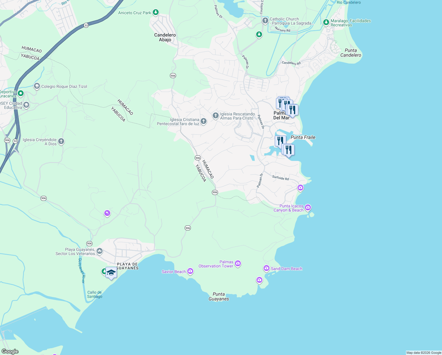 map of restaurants, bars, coffee shops, grocery stores, and more near Port Road in Humacao