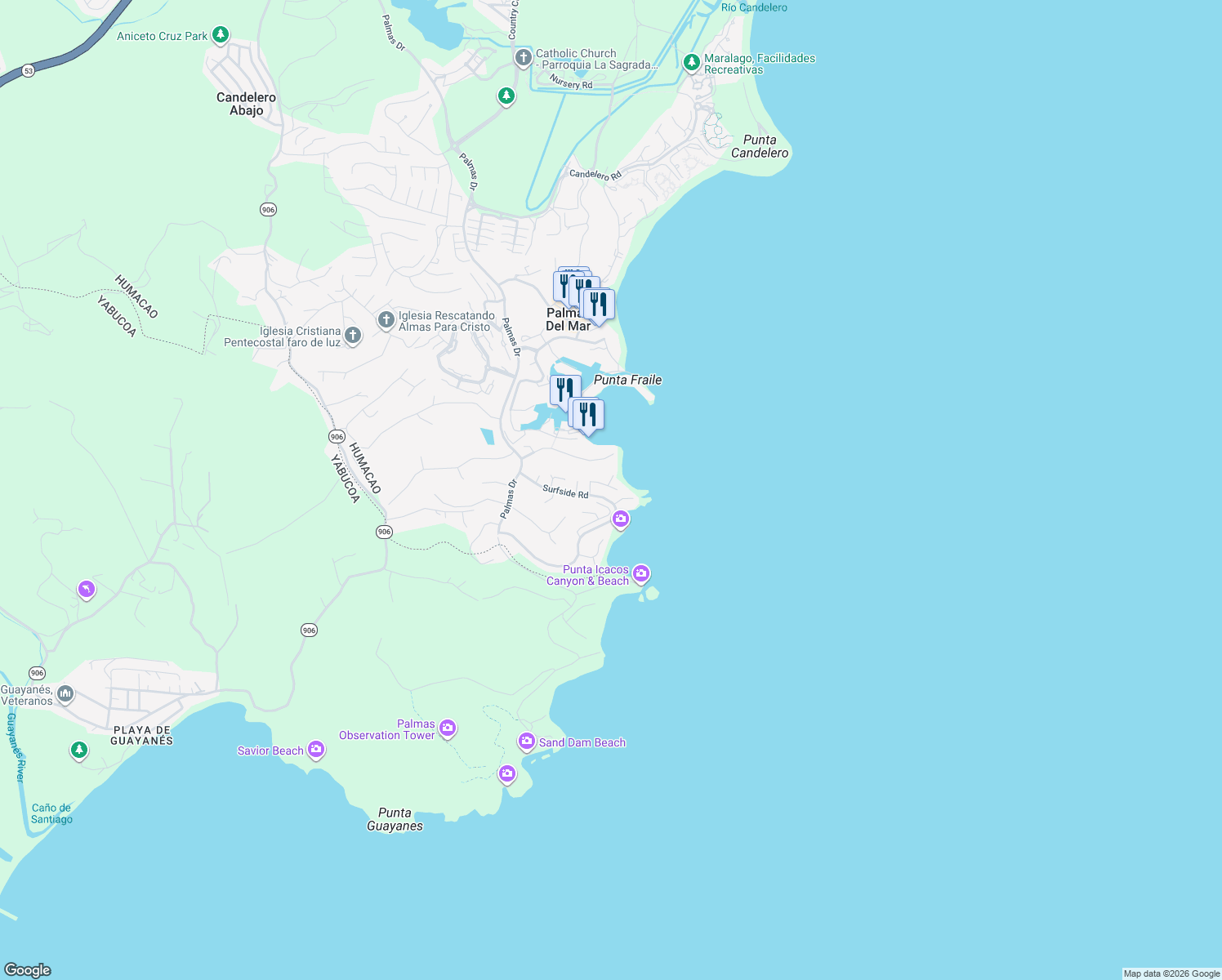 map of restaurants, bars, coffee shops, grocery stores, and more near in Palmas del Mar