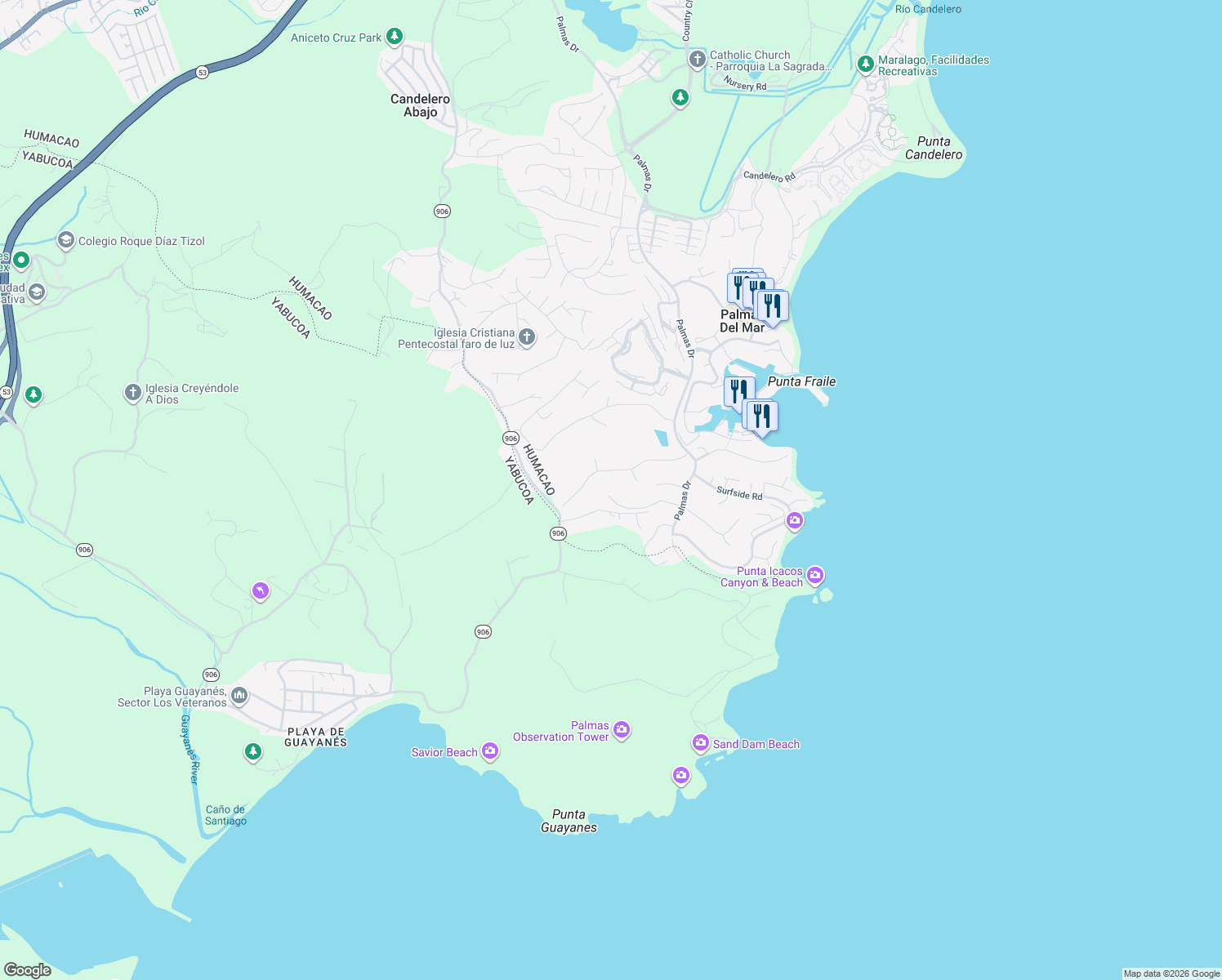 map of restaurants, bars, coffee shops, grocery stores, and more near Roble Valley in Humacao