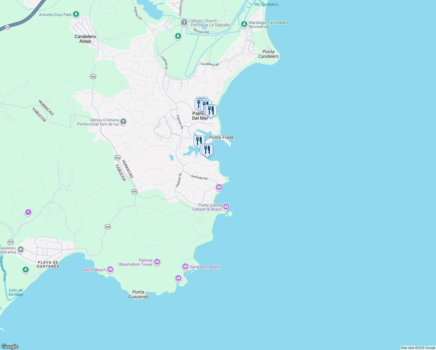 map of restaurants, bars, coffee shops, grocery stores, and more near in Palmas del Mar