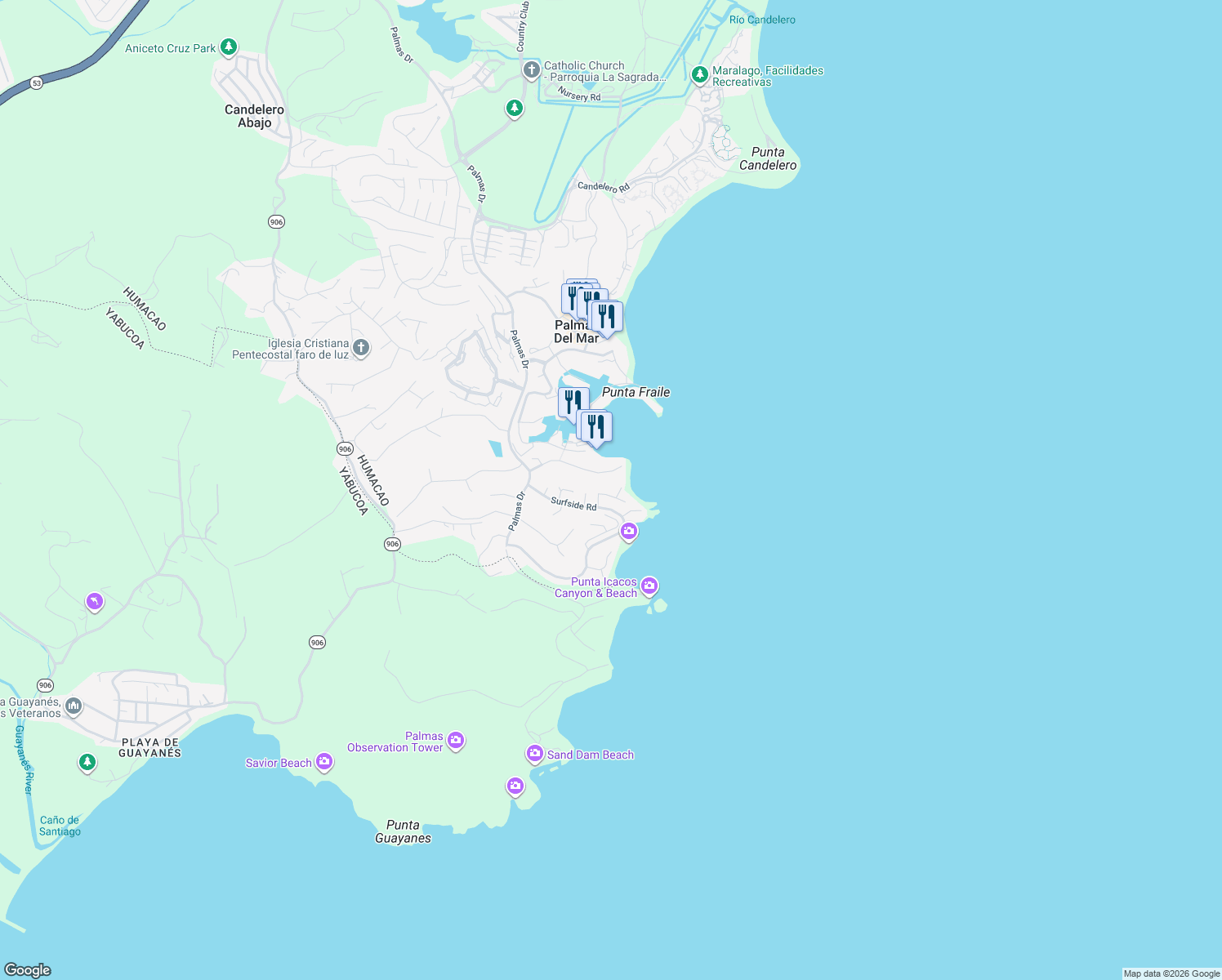 map of restaurants, bars, coffee shops, grocery stores, and more near Harbor View Street in Humacao