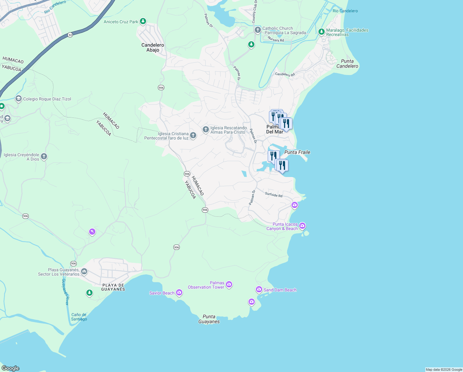 map of restaurants, bars, coffee shops, grocery stores, and more near Port Road in Humacao