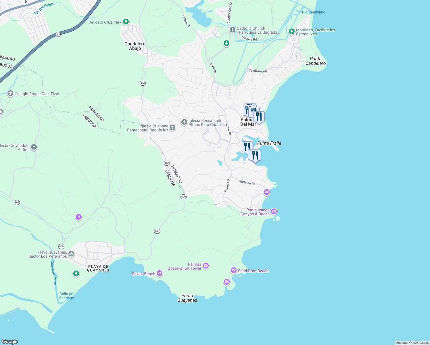 map of restaurants, bars, coffee shops, grocery stores, and more near Port Road in Humacao