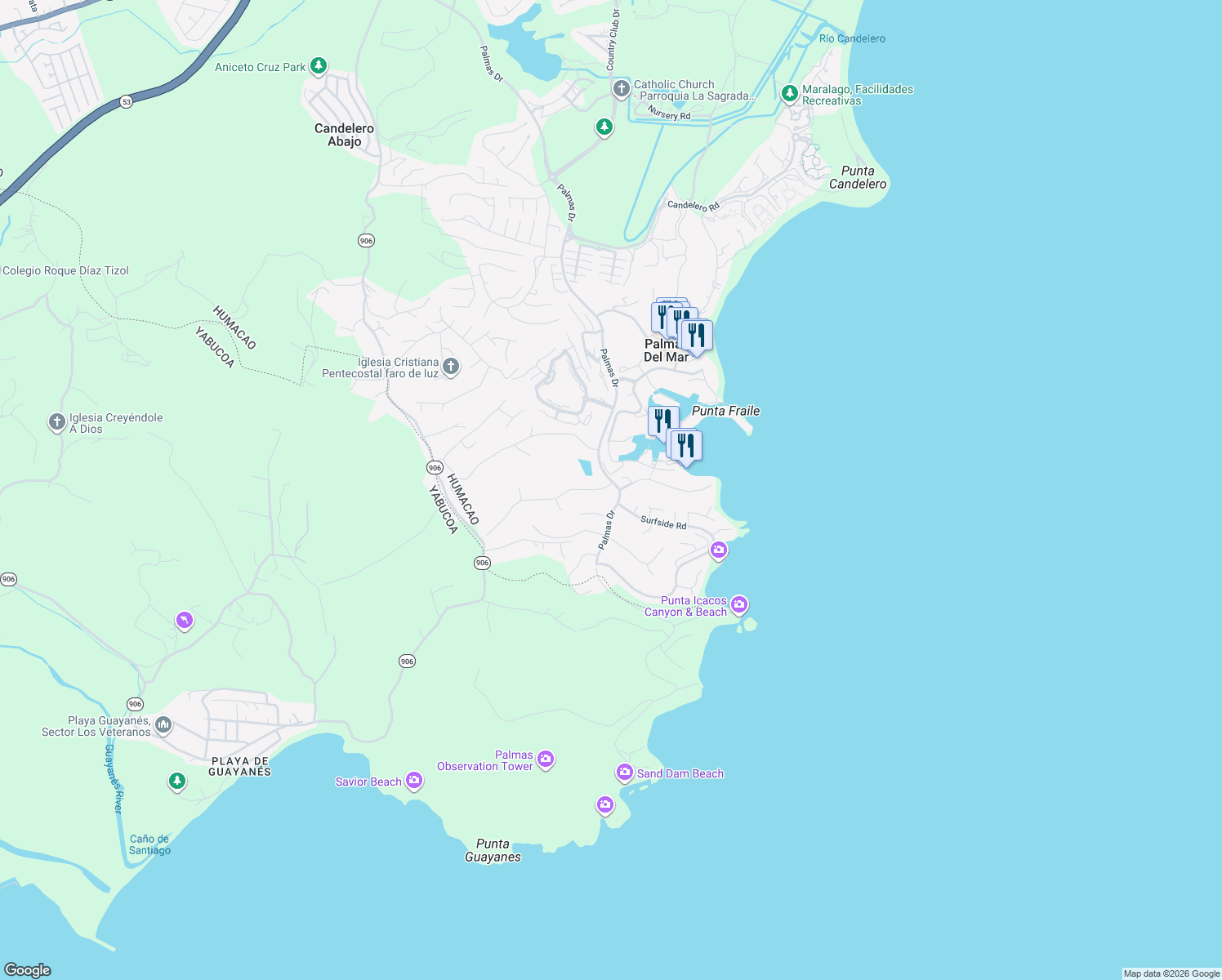 map of restaurants, bars, coffee shops, grocery stores, and more near in Palmas del Mar