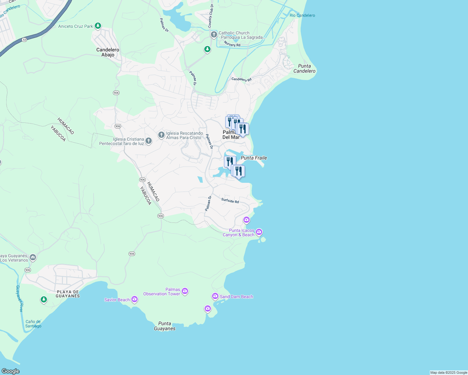 map of restaurants, bars, coffee shops, grocery stores, and more near Harbor View Street in Humacao