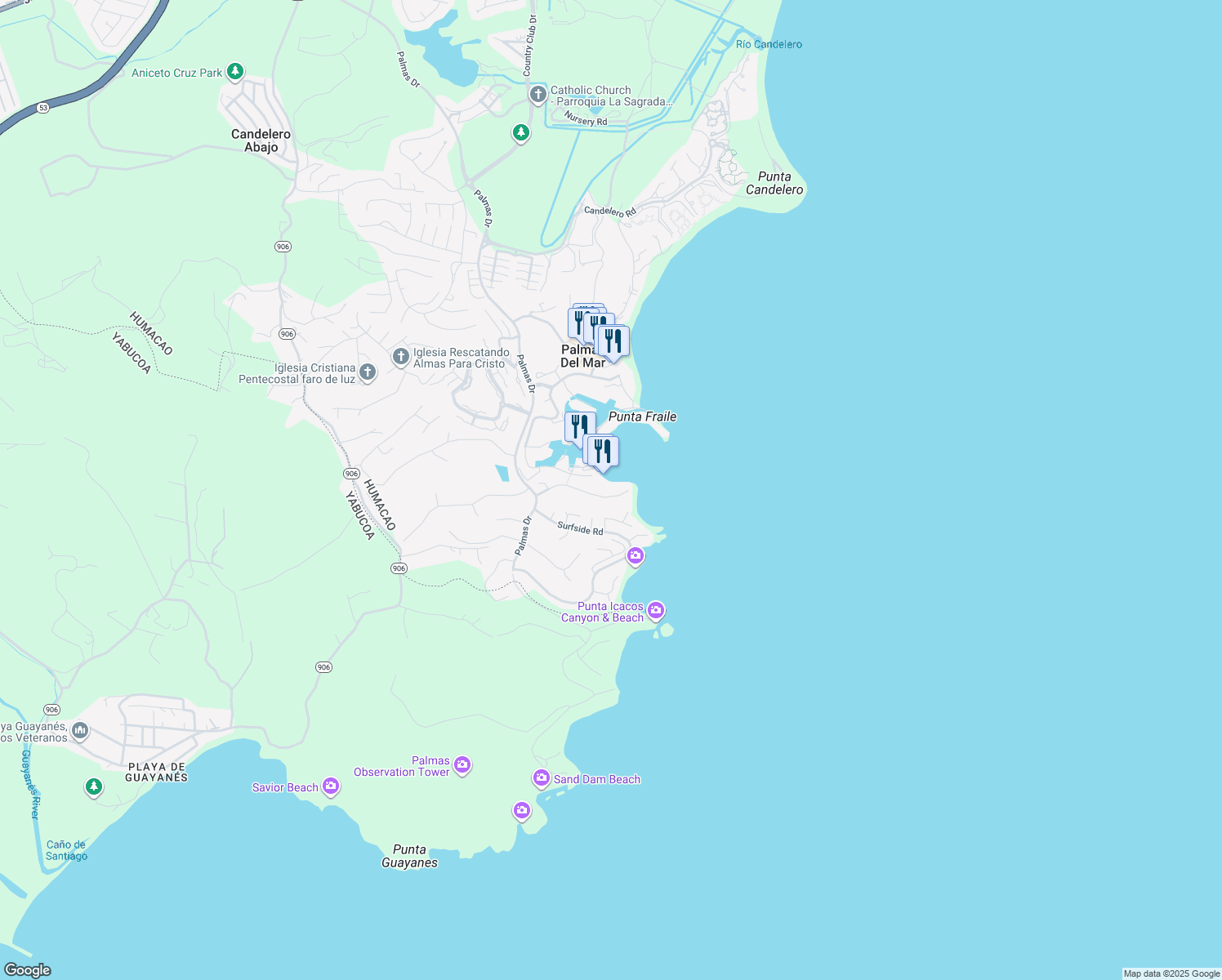 map of restaurants, bars, coffee shops, grocery stores, and more near Harbor View Street in Humacao