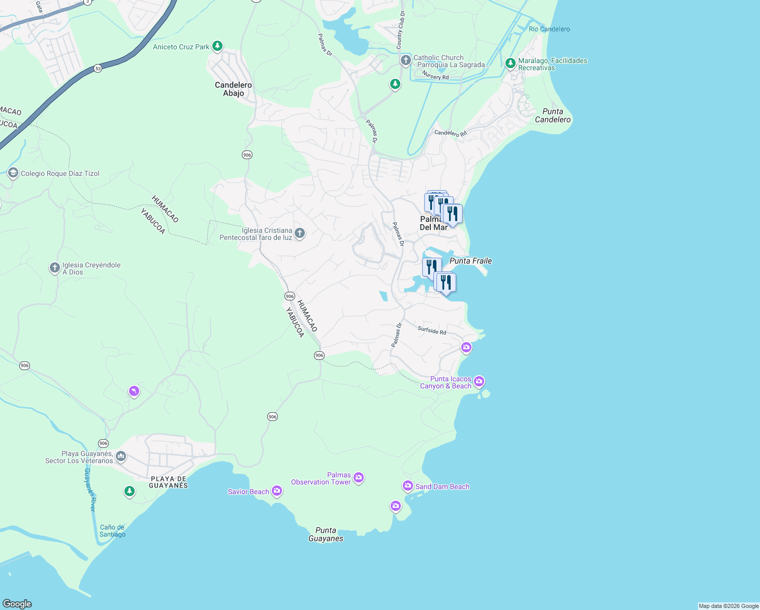 map of restaurants, bars, coffee shops, grocery stores, and more near Palmas Drives in Humacao