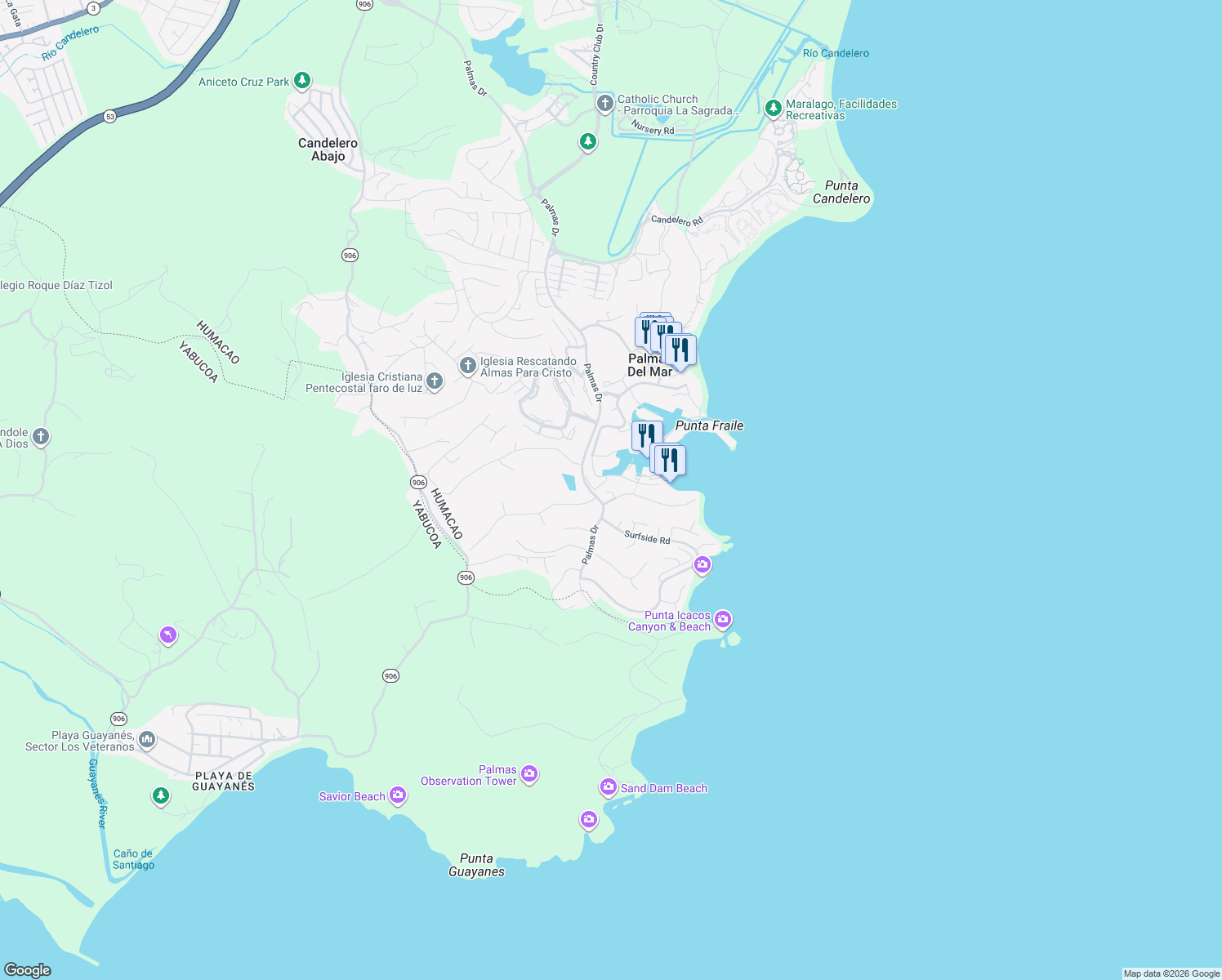 map of restaurants, bars, coffee shops, grocery stores, and more near in Humacao