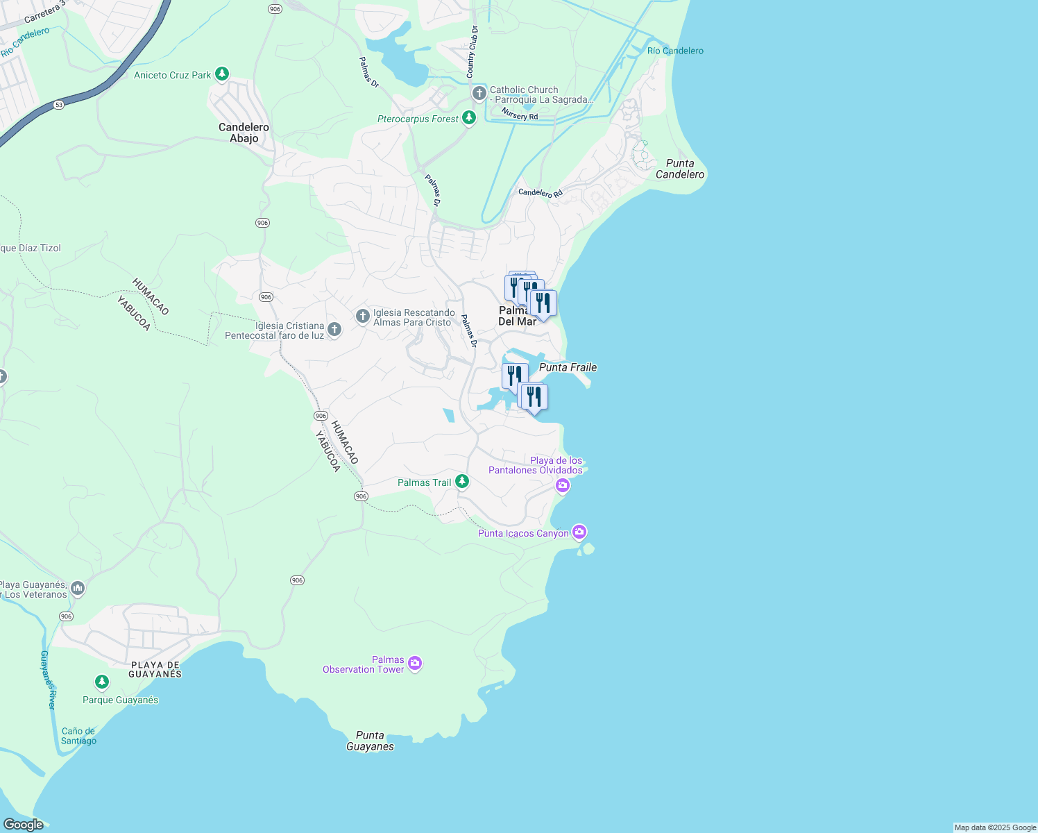 map of restaurants, bars, coffee shops, grocery stores, and more near Harbour Drive in Humacao