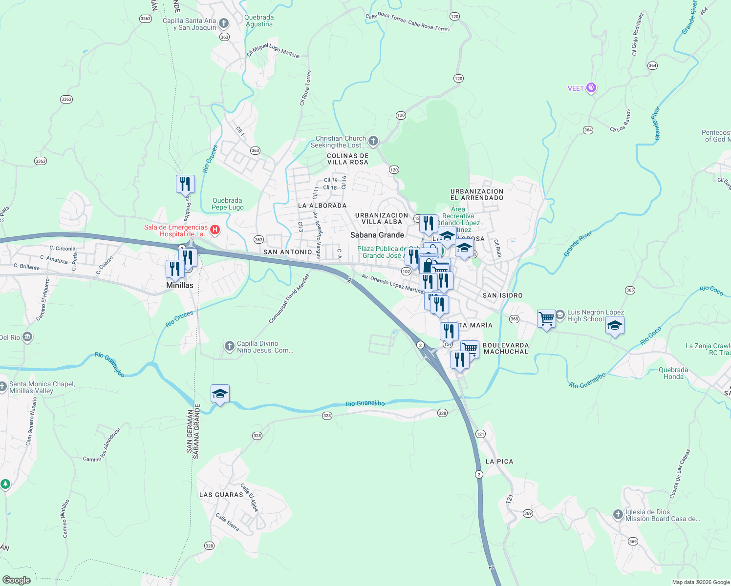 map of restaurants, bars, coffee shops, grocery stores, and more near 2 in Sabana Grande