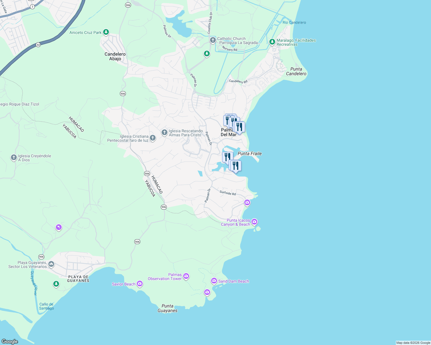 map of restaurants, bars, coffee shops, grocery stores, and more near in Humacao