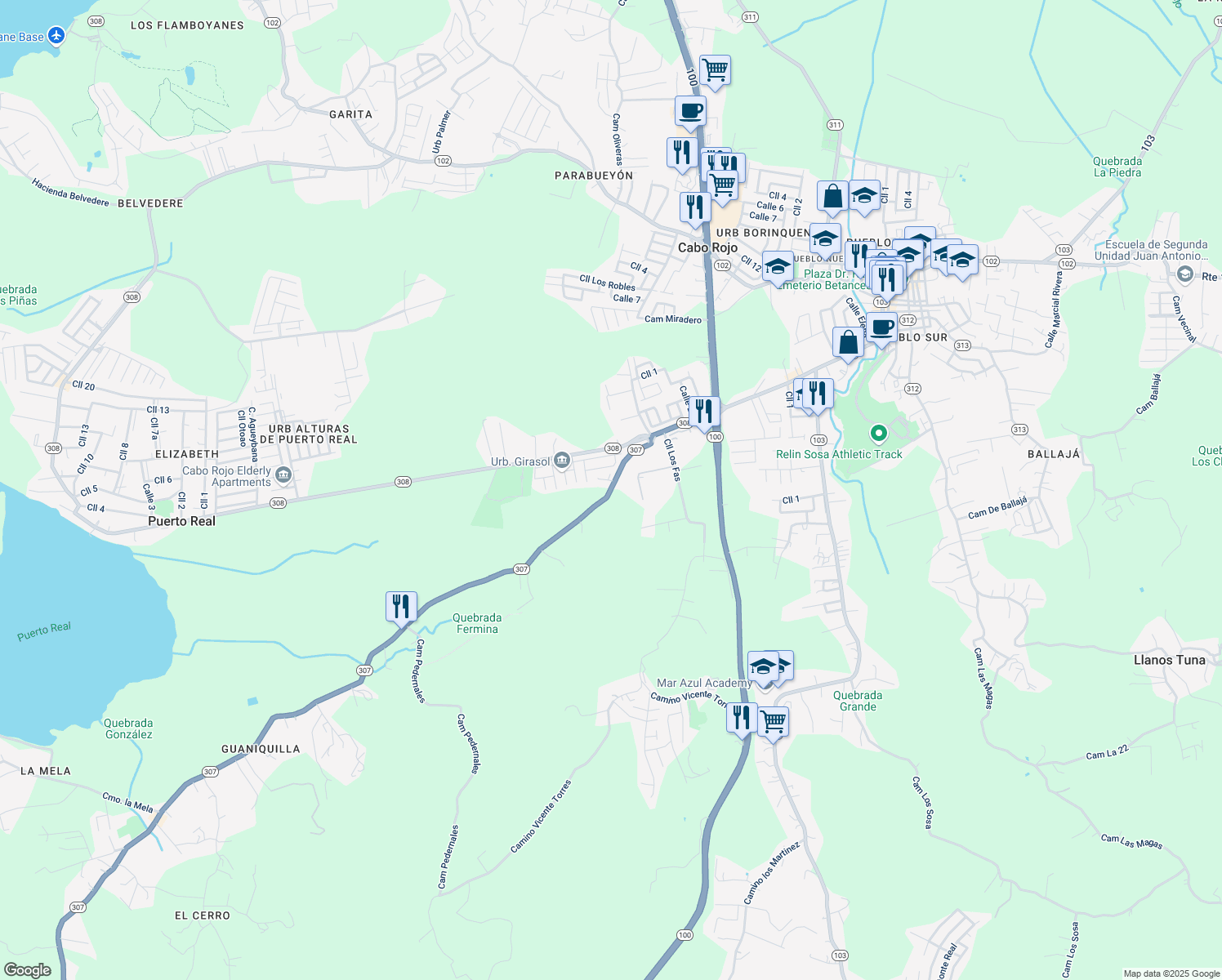 map of restaurants, bars, coffee shops, grocery stores, and more near Puerto Rico 307 in Cabo Rojo