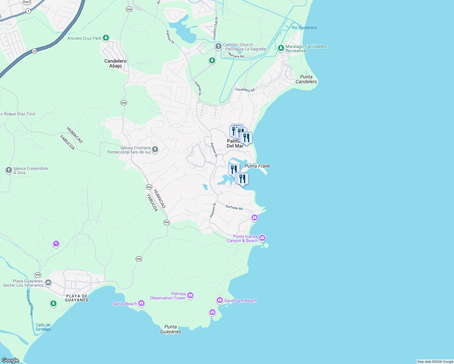 map of restaurants, bars, coffee shops, grocery stores, and more near in Humacao