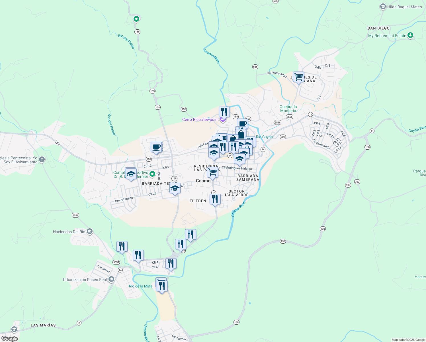 map of restaurants, bars, coffee shops, grocery stores, and more near Highway 14 in Coamo