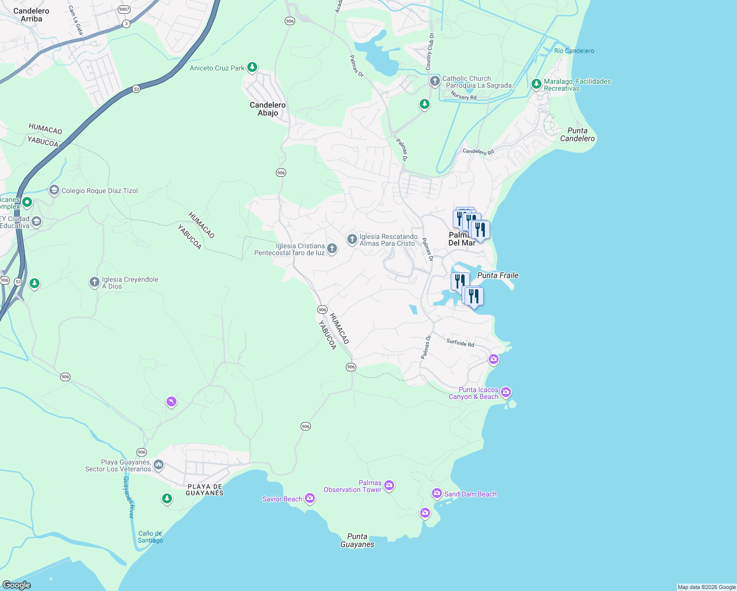 map of restaurants, bars, coffee shops, grocery stores, and more near Harbourlights Road in Humacao