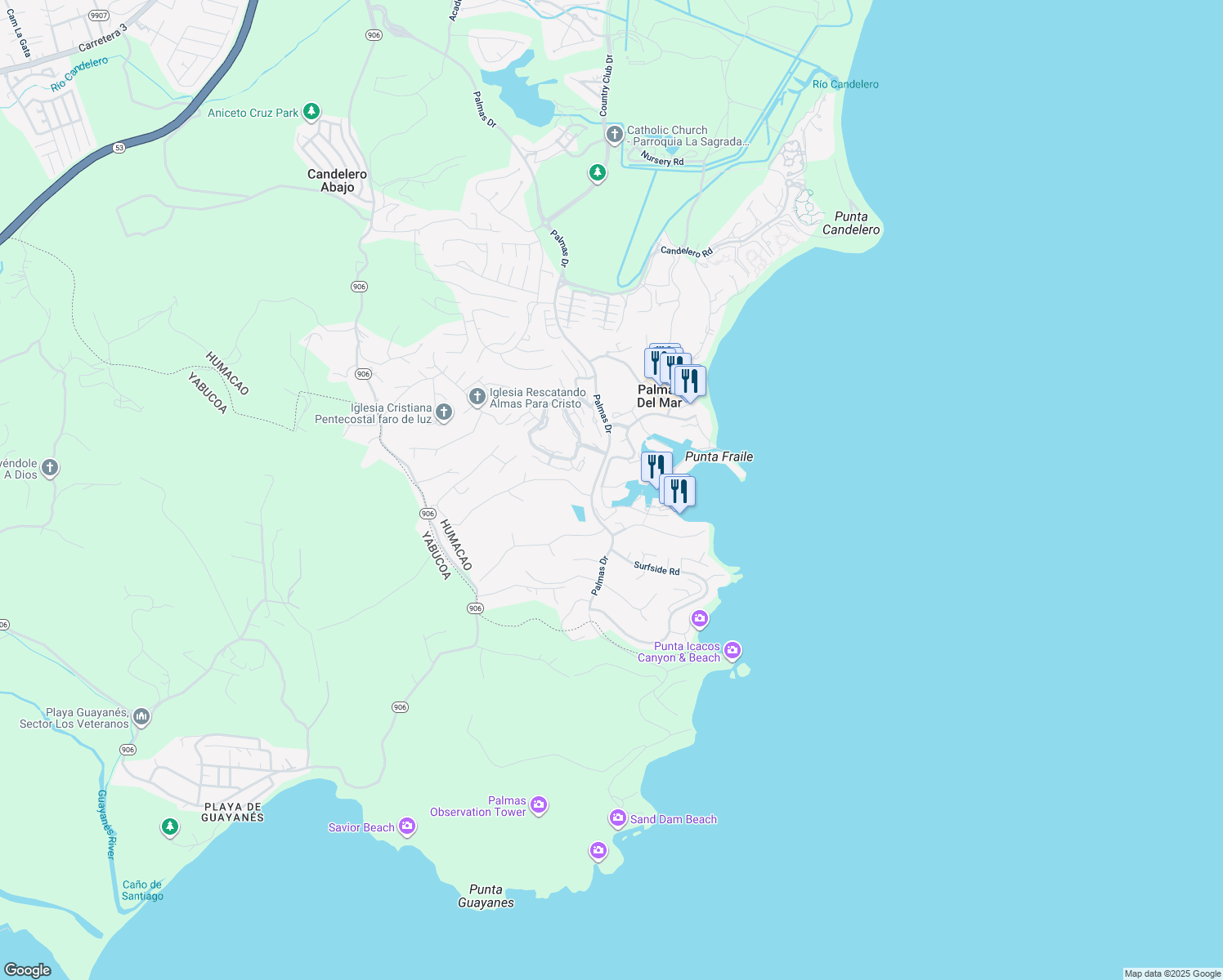 map of restaurants, bars, coffee shops, grocery stores, and more near Plaza Mayor in Humacao