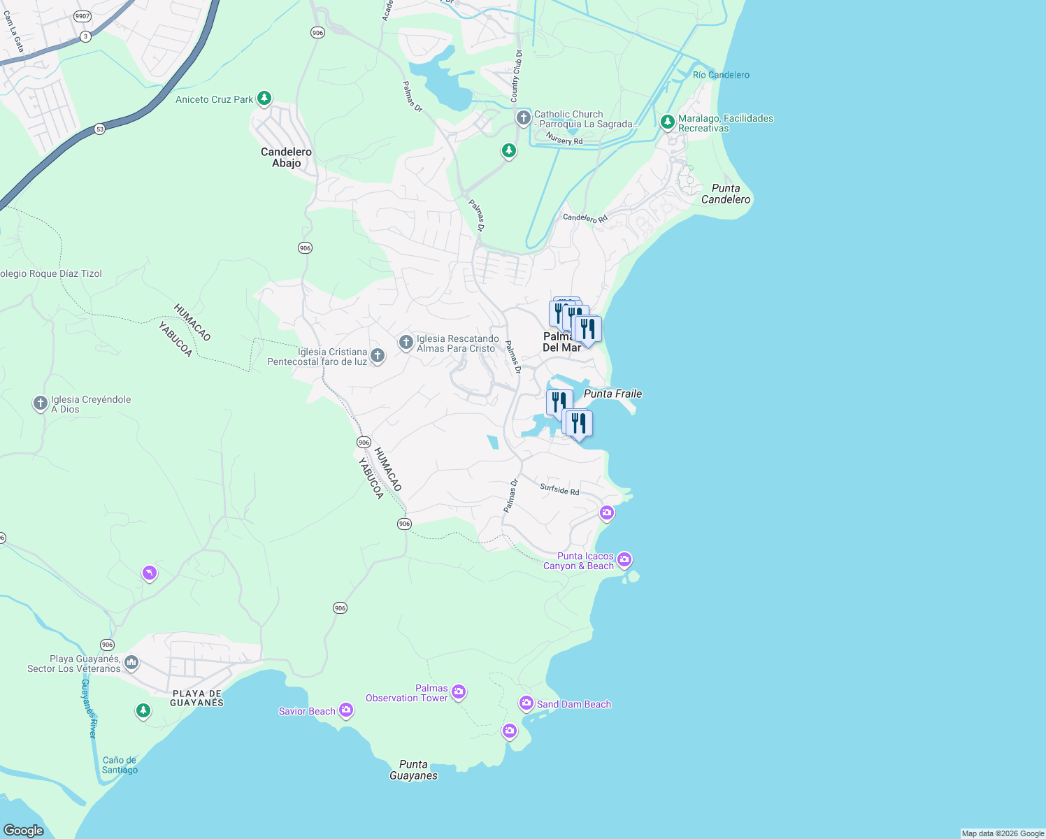 map of restaurants, bars, coffee shops, grocery stores, and more near Plaza Mayor in Humacao