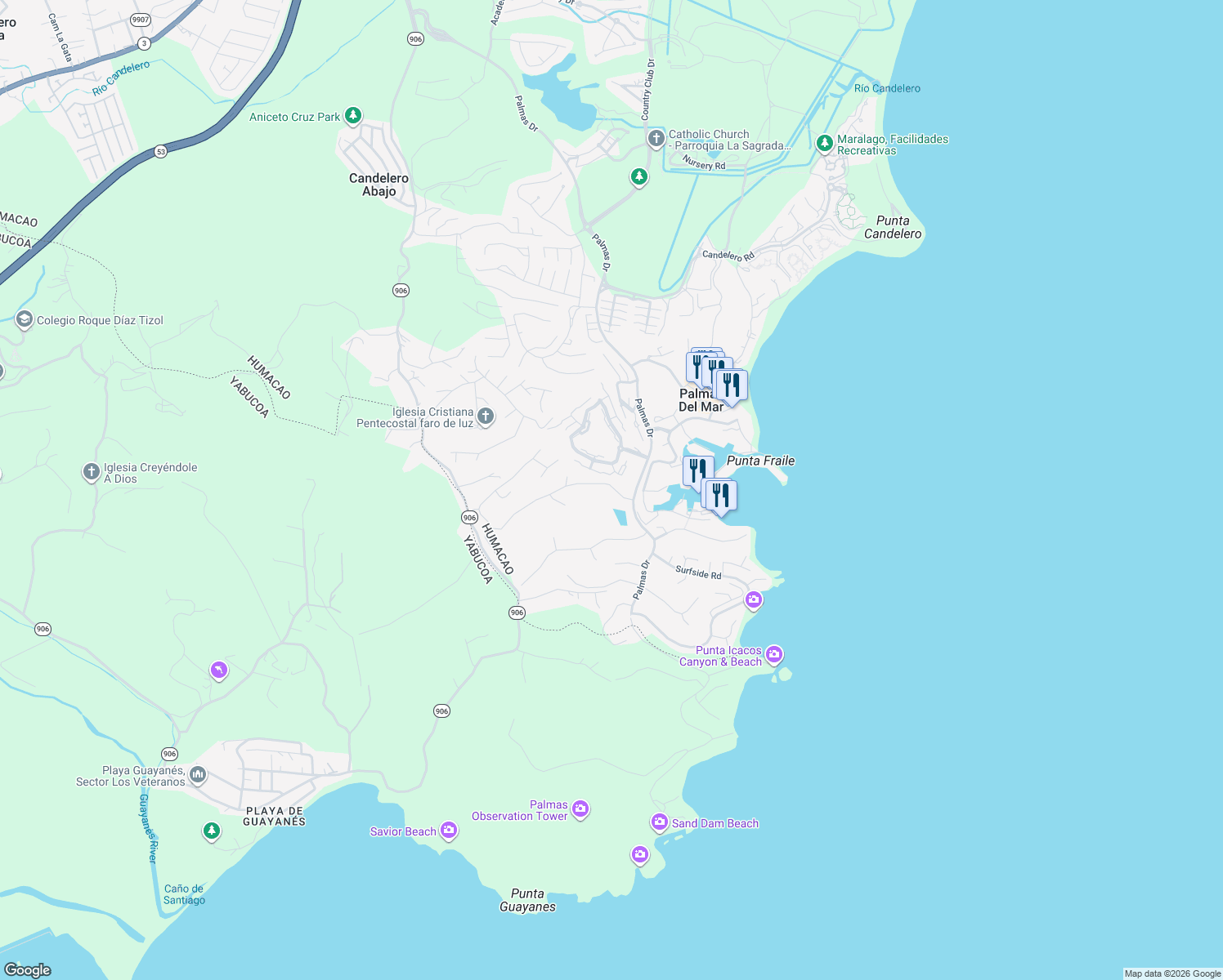 map of restaurants, bars, coffee shops, grocery stores, and more near Harbourlights Road in Humacao